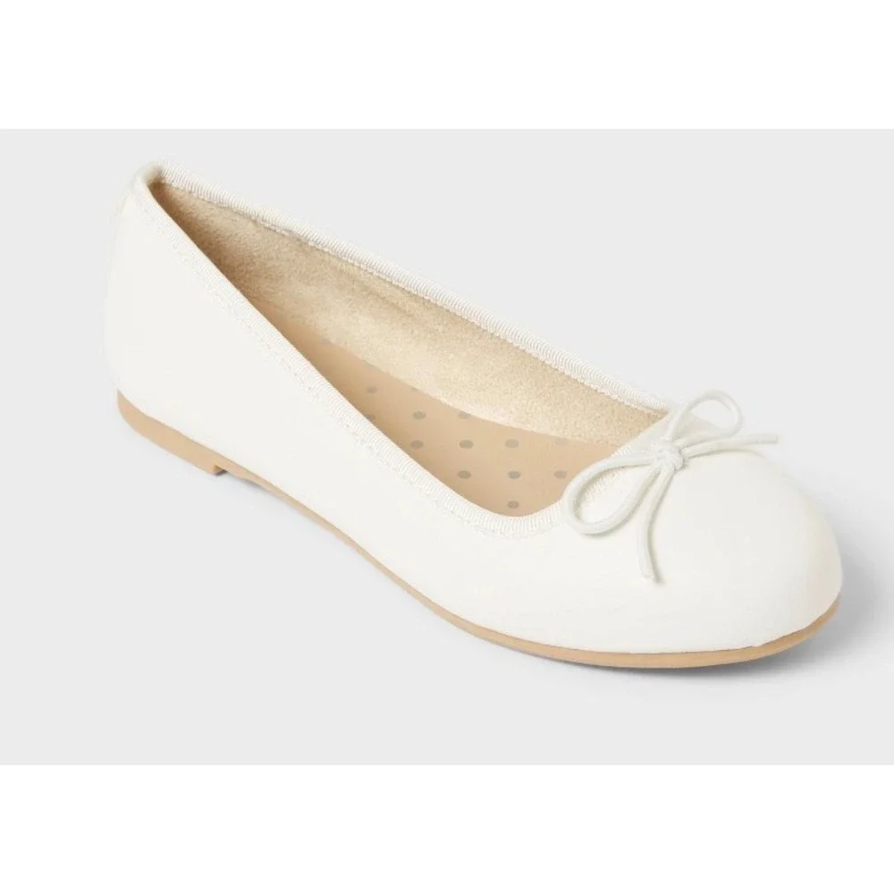 Cat & Jack Ballet Flats Kids‎ Size 2 White New Bow Detail Slip On Dress Shoes